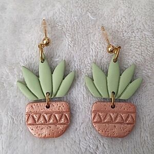 Women's Artisan Jewelry Handmade Clay Dangle Drop Earrings Succulent Plant Gold